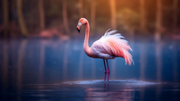 Flamingo in the water at sunset