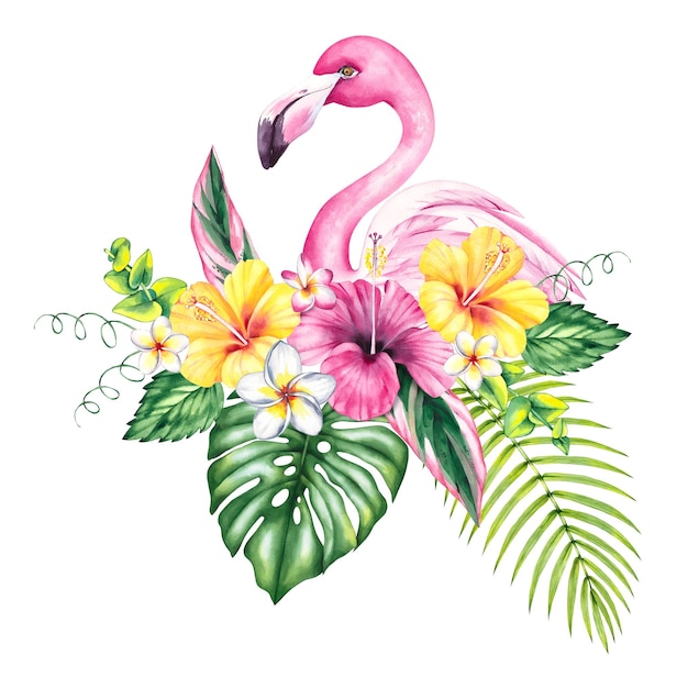 Flamingo watercolor bird illustration pink flamingo and tropical flowers palm leaves isolated on