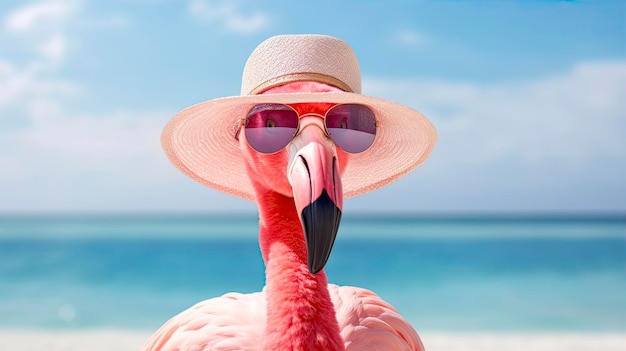 Flamingo wearing a hat and sunglasses on a tropical beach Generative AI