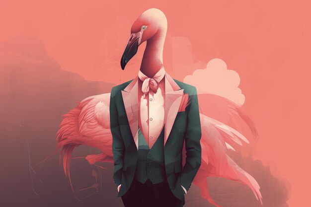 A flamingo wearing a suit and tie standing in front of a pink background generative AI