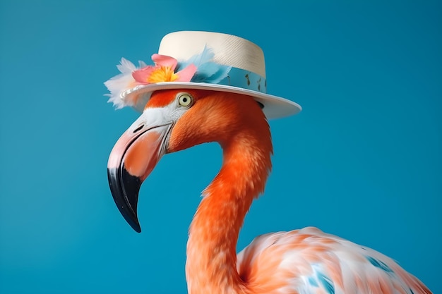 A flamingo wearing a sun hat on blue background with copyspace
