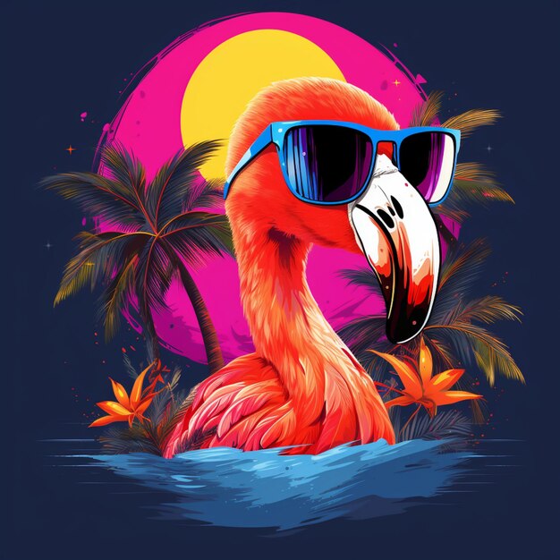 flamingo wearing sunglasses and standing in the water with palm trees generative ai