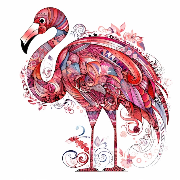 flamingo with a floral pattern on its body and neck generative ai