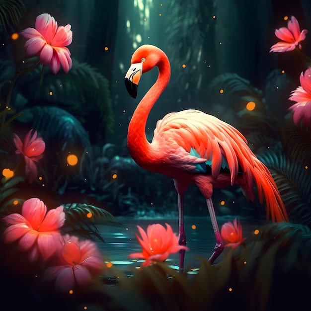 Flamingo with flower background ai generated