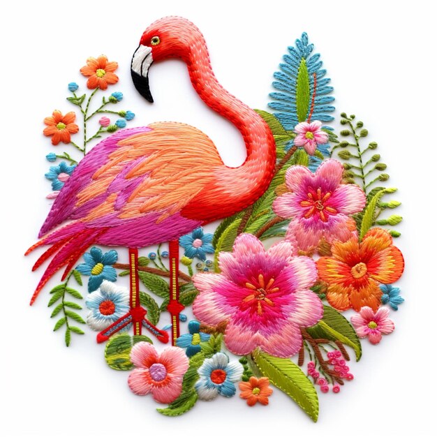 flamingo with flowers and leaves on a white background generative ai
