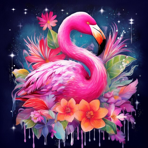 flamingo with flowers and stars in the background generative ai