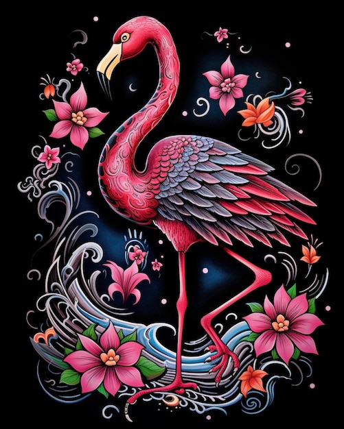 Flamingo with flowers and swirls on a black background generative ai