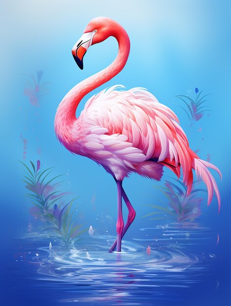 a flamingo with pink feathers stands in the water.