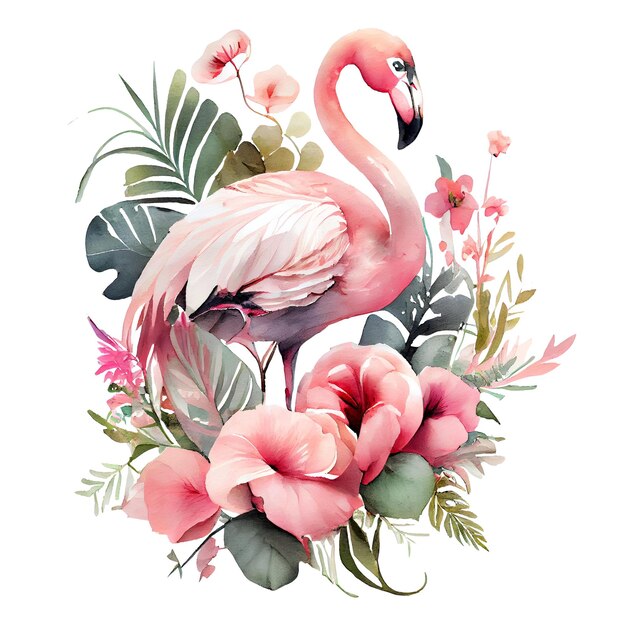 Flamingo with pink flowers watercolor Illustration isolated on white Generative AI