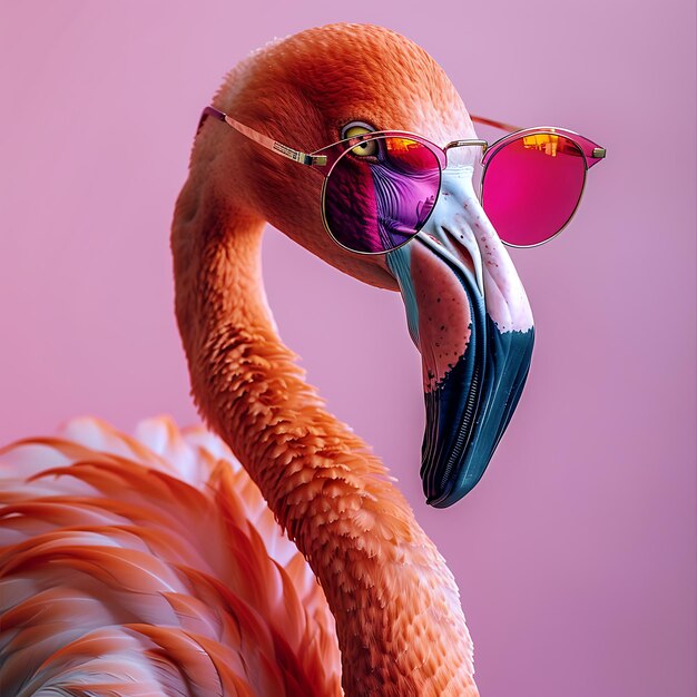 a flamingo with sunglasses on its head