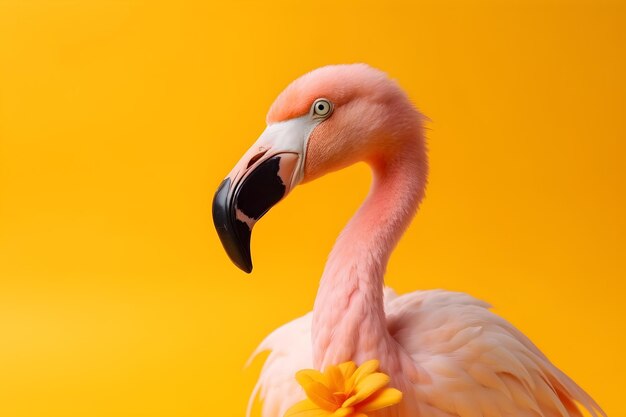 A flamingo on a yellow background with copy space