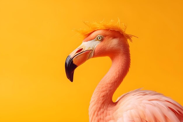 A flamingo on a yellow background with copy space