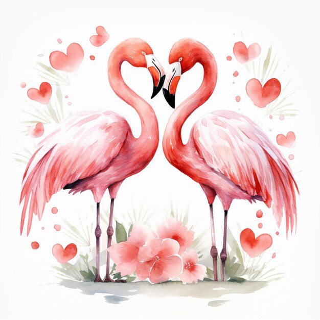 Photo flamingos are standing in a circle with hearts and flowers generative ai