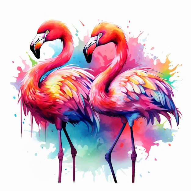 Flamingos are standing in a row with colorful paint splashs generative ai