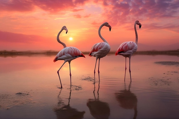 flamingos are standing in the water at sunset