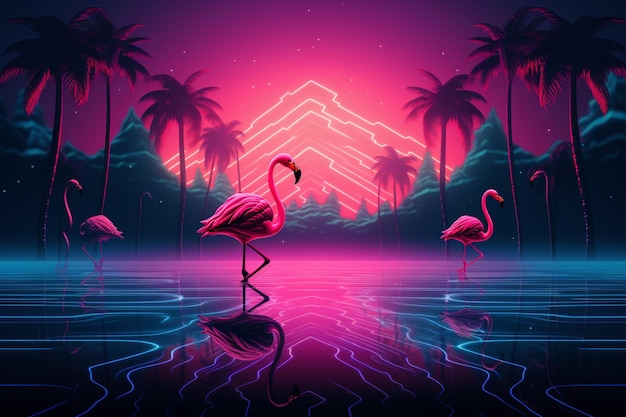 Flamingos are walking in the water with palm trees in the background generative ai