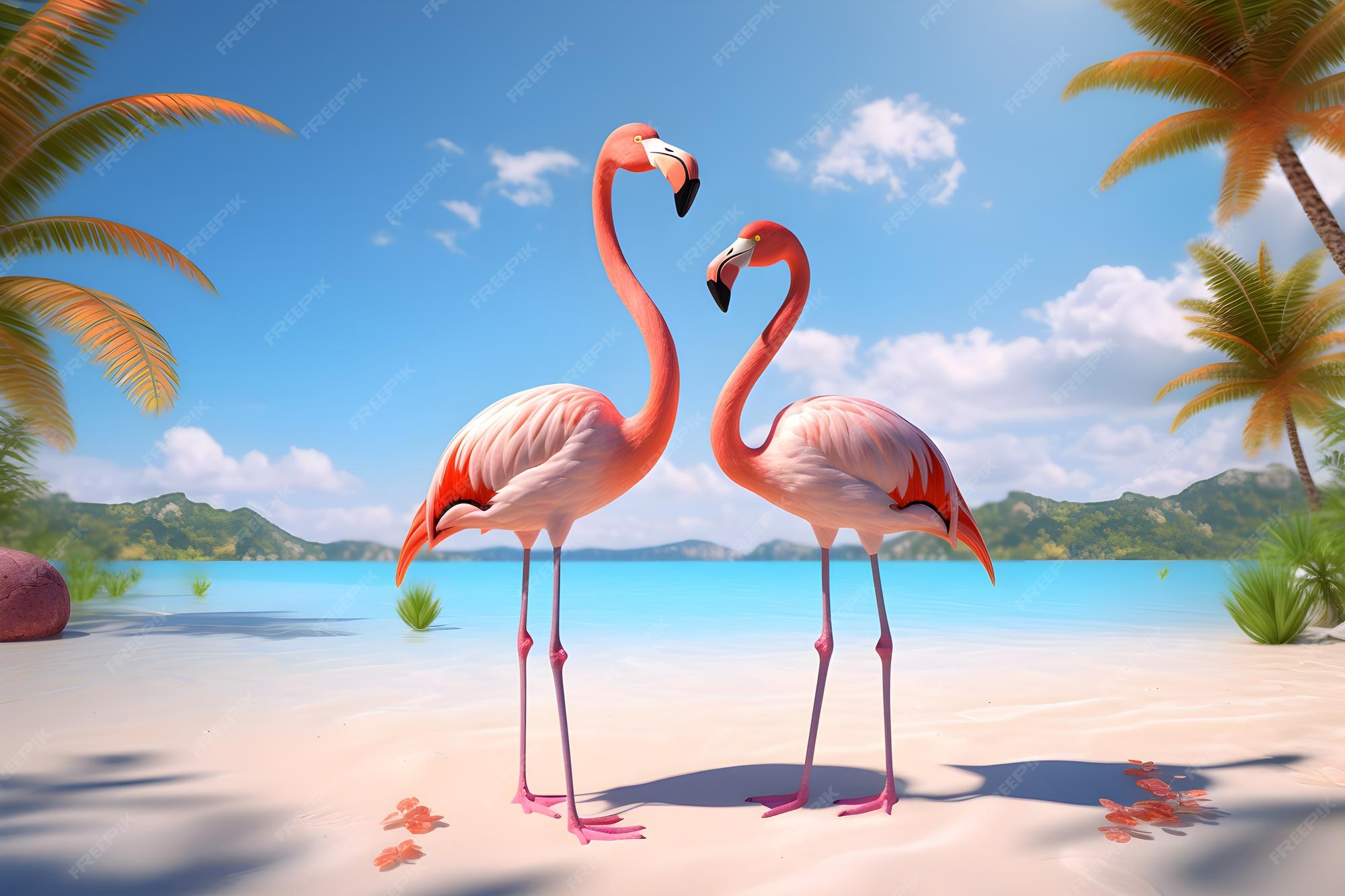 Premium Photo | Flamingos on a beach with palm trees in the background