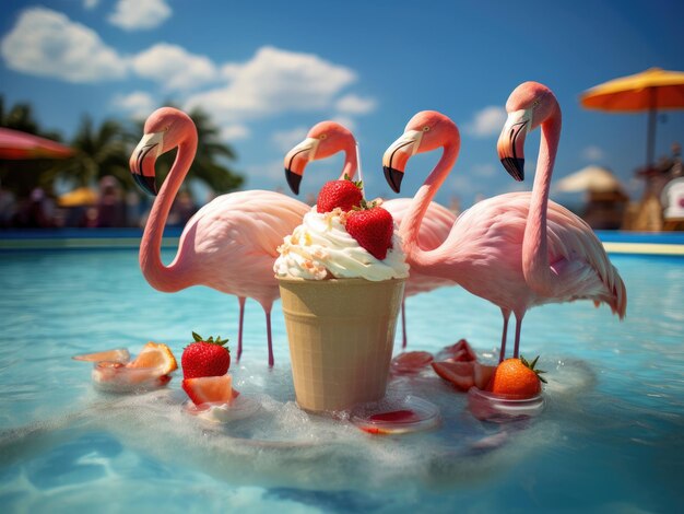 Flamingos eat ice cream in the pool