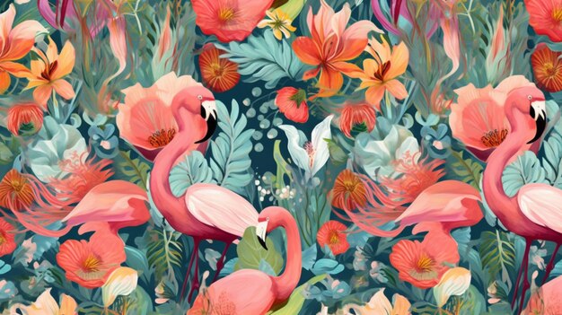 Flamingos and flowers in a field with a bird in the background generative ai
