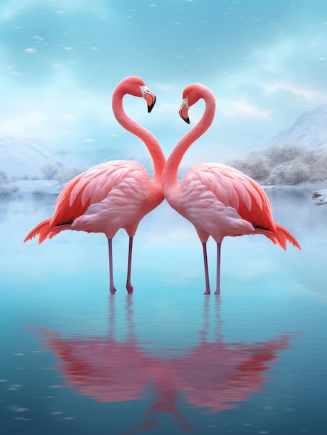 Flamingos Form Heart Shape in Azure Waters with Snowy Peaks