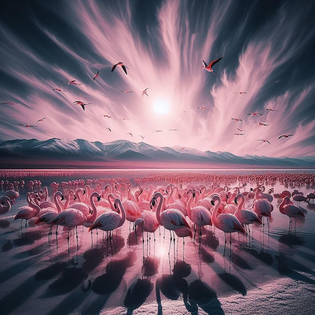 Flamingos gathering by a pink salt lake
