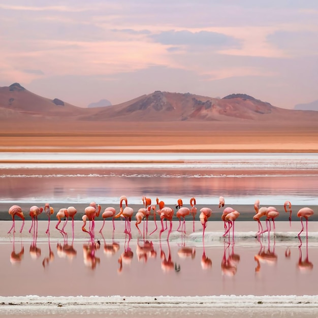 Flamingos gathering by a pink salt lake