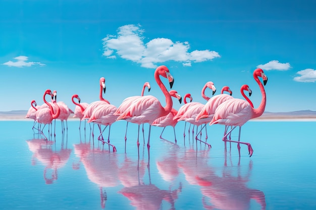 Flamingos in de lagune van Salar de Uyuni Bolivia Groep vogels van roze Afrikaanse flamingo's lopen rond de blauwe lagune op een zonnige dag AI Generated