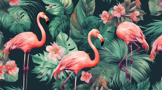 Flamingos in the jungle with tropical leaves