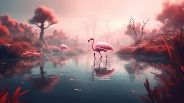 Flamingos on a lake in a pink sunset