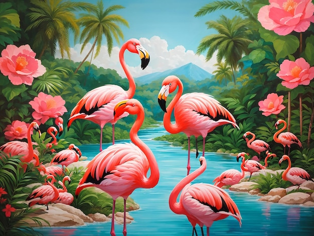 Flamingos on the river bank generated by ai