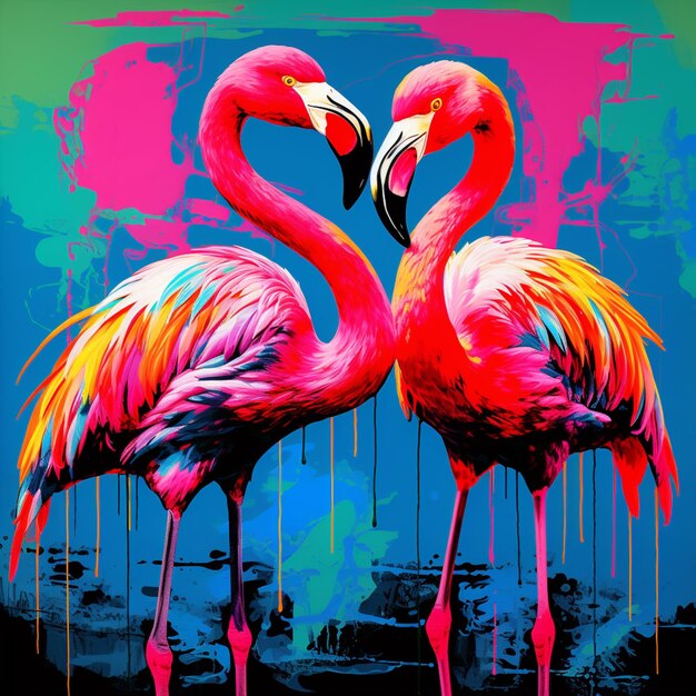 Flamingos standing in a row with their necks touching each other generative ai