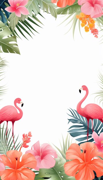 Photo flamingos and tropical flowers on a white background with a blank space generative ai