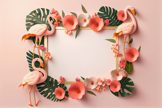 Photo flamingos and tropical leaves on a pink background