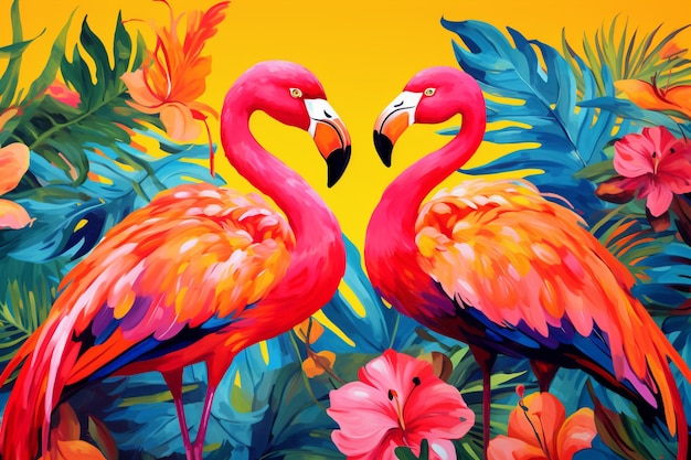 Flamingos in a tropical setting with flowers and leaves generative ai