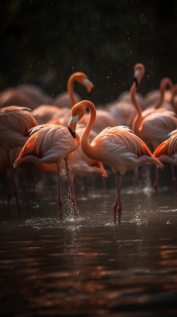 Flamingos in the water at sunset