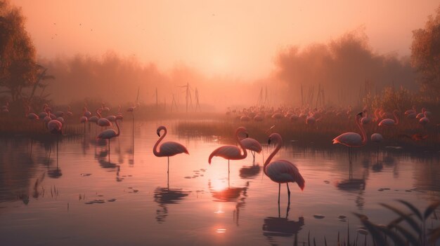 Flamingos in the water at sunset