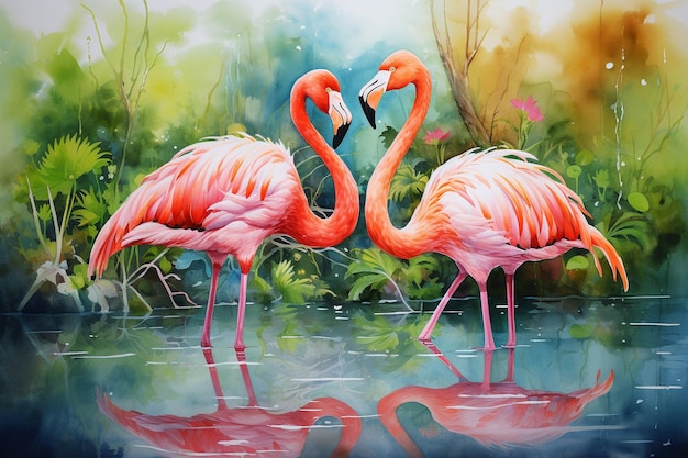 Flamingos watercolor painting