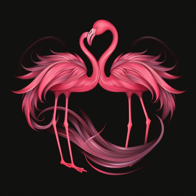 Photo flamingos with long hair in the shape of a heart generative ai