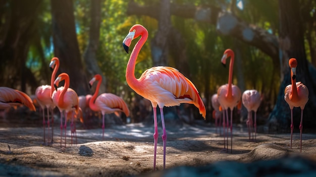 Flamingos in a zoo with trees in the background