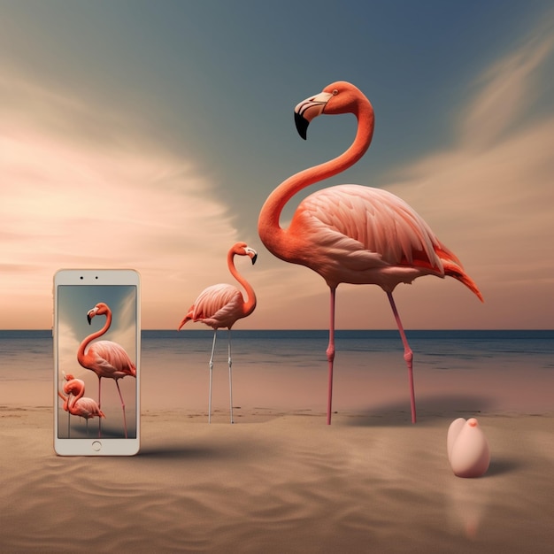 Flamingovogel met macbook-apparaat flamingovogel op strandbehang AI Gegenereerde kunst