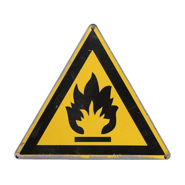 Photo flammable yellow triangle sign for collage on white background