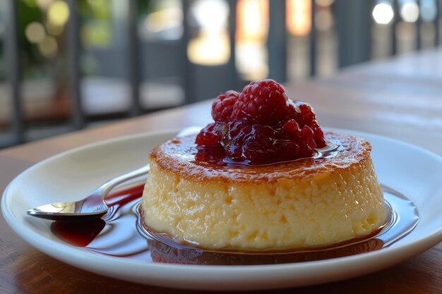 Foto un flan servito con un lato di gelatina di lamponi piccante per la luminosità