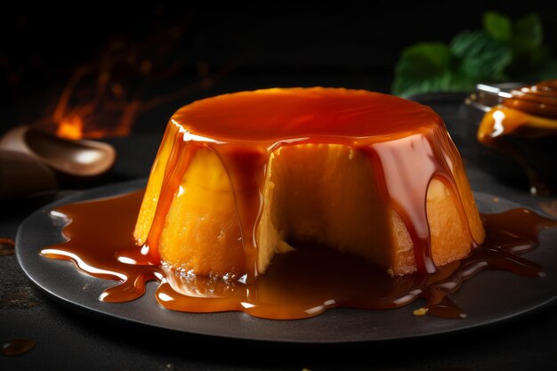 A flan with caramel sauce on it sits on a black plate.