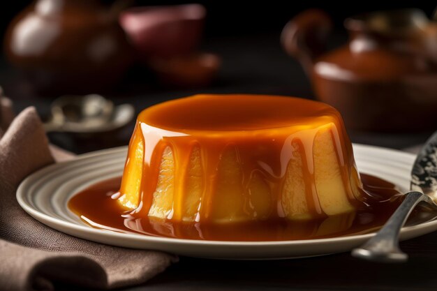 A flan with caramel sauce on a plate