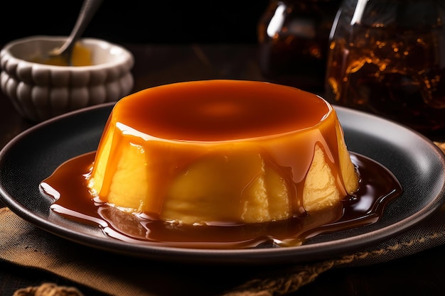 Flan with caramel sauce on a plate