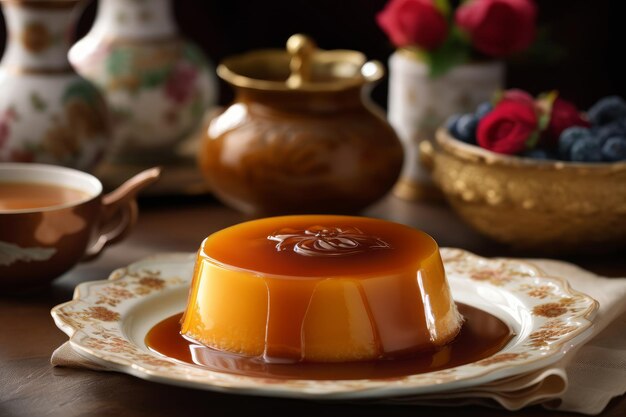 A flan with a red rose in the background