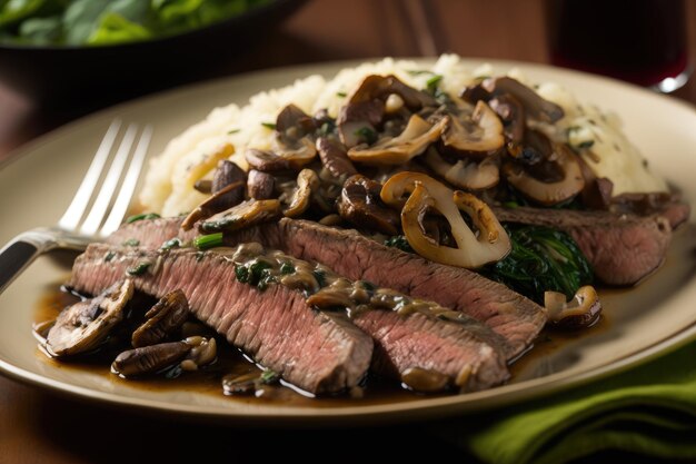 Flank steak gebakken met champignons en uien