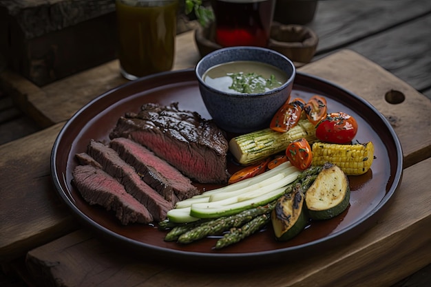 Flank steak gegrild en geserveerd met gegrilde groenten en dipsaus