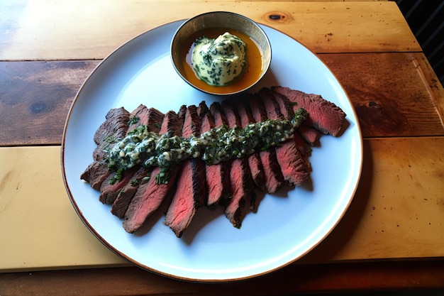 Flank steak gekookt tot medium-rare gesneden en geserveerd met een bijgerecht naar keuze