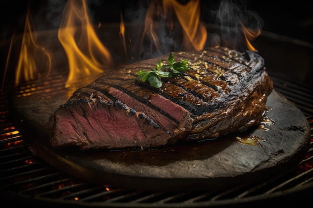 Photo flank steak on grill charred and smokey